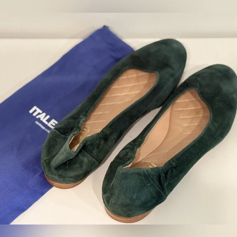 Italeu Green Suede Leather Ballet Flat Sz 9.5 B 40 & shoe bag - Picture 3 of 11